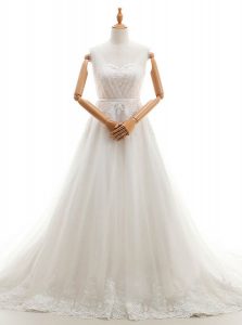 Fantastic Appliques Wedding Gowns White Clasp Handle Sleeveless With Train Court Train