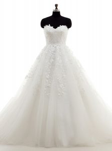 Fashion Brush Train A-line Wedding Dress White Sweetheart Tulle Sleeveless With Train Clasp Handle