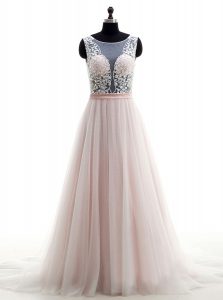 Elegant Scoop Sleeveless Wedding Dresses With Brush Train Lace Pink Tulle