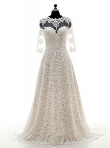 Customized Champagne Scoop Neckline Lace Wedding Dress 3 4 Length Sleeve Clasp Handle