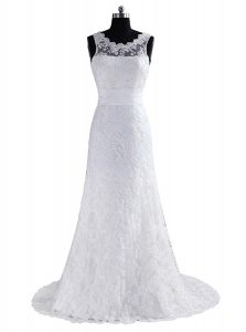 Scoop White Column/Sheath Scalloped Sleeveless Lace With Brush Train Backless Lace and Appliques and Bowknot Bridal Gown