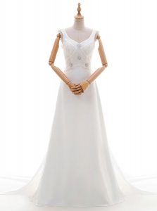 Classical White Backless Wedding Dress Beading Sleeveless With Brush Train