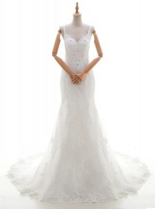 Charming Lace Sleeveless With Train Wedding Gowns Brush Train and Beading and Lace and Appliques