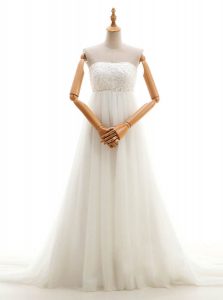 White Zipper Strapless Lace Wedding Gown Tulle Sleeveless Court Train
