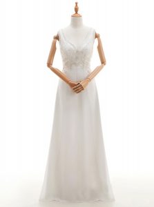 Enchanting Sleeveless Silk Like Satin Floor Length Backless Bridal Gown in White with Beading