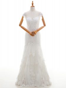 Cheap Cap Sleeves Floor Length Lace and Appliques Lace Up Wedding Dresses with White