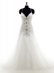 Unique White Tulle Criss Cross Wedding Gown Sleeveless With Brush Train Beading