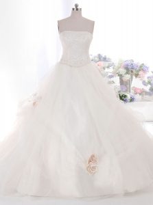 Attractive White Sleeveless Brush Train Hand Made Flower With Train Wedding Gowns