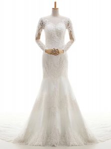 Dramatic Mermaid White V-neck Clasp Handle Lace and Appliques Wedding Dress Brush Train Long Sleeves