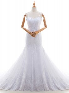 Mermaid Sleeveless Lace With Brush Train Backless Wedding Gown in White with Lace