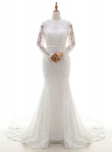 Exceptional Mermaid Scalloped White Zipper Wedding Gown Lace Long Sleeves With Brush Train