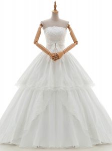 Deluxe Floor Length Lace Up Wedding Dresses White for Wedding Party with Lace and Appliques and Ruffled Layers and Bowkn