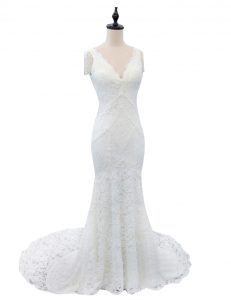 Graceful Mermaid Cap Sleeves With Train Lace Zipper Wedding Gowns with White Brush Train