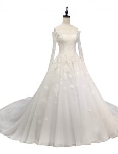 Exquisite White Wedding Gowns Wedding Party and For with Lace and Appliques Off The Shoulder Long Sleeves Chapel Train Z