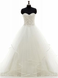 Organza Sleeveless With Train Wedding Gown Brush Train and Beading and Ruffles