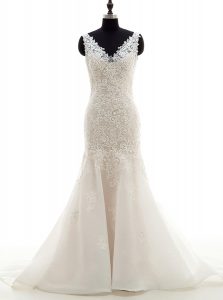 Elegant Mermaid White V-neck Neckline Lace Wedding Dress Sleeveless Zipper