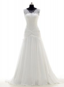 Romantic Scoop White Chiffon Side Zipper Wedding Dresses Sleeveless With Brush Train Lace