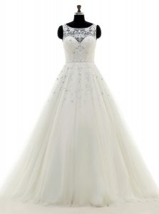 Brush Train A-line Wedding Gown White Scoop Tulle Sleeveless With Train Backless