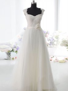 Deluxe Lace and Hand Made Flower Wedding Gown White Side Zipper Sleeveless Floor Length