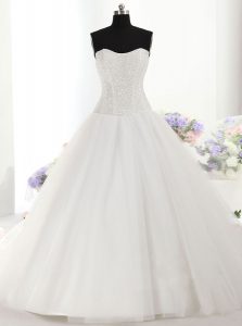 Dazzling Strapless Sleeveless Wedding Dresses With Brush Train Beading White Tulle