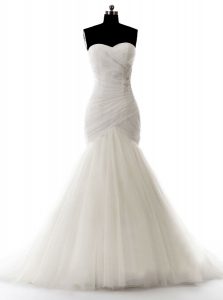 Attractive Mermaid White Tulle Zipper Sweetheart Sleeveless With Train Wedding Gowns Brush Train Beading