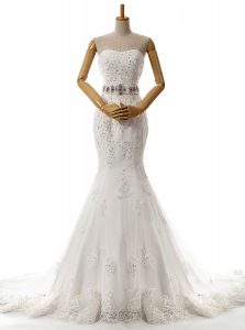 Mermaid White Lace Up Sweetheart Beading and Lace and Appliques Bridal Gown Lace Sleeveless Brush Train