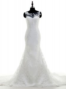 Scoop White Column/Sheath Appliques Wedding Dress Zipper Organza and Lace Sleeveless With Train