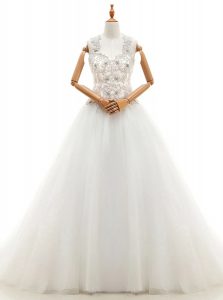 Inexpensive White Sleeveless Brush Train Beading and Lace With Train Wedding Gown