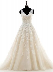 Most Popular With Train Champagne Wedding Gown Organza Brush Train Sleeveless Lace and Appliques