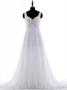 White Zipper Bridal Gown Beading and Pleated Sleeveless With Brush Train