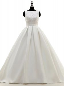Stylish Scoop White Ball Gowns Lace and Appliques and Bowknot Wedding Gown Criss Cross Satin Sleeveless With Train