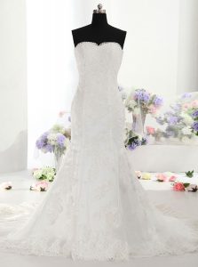 Modest Mermaid Sweetheart Sleeveless Court Train Lace Up Wedding Dresses White Lace