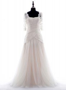 White Zipper Square Lace Wedding Gowns Tulle Half Sleeves Brush Train