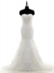 Stylish Mermaid White Lace Up Sweetheart Appliques and Sashes ribbons Bridal Gown Tulle and Lace Sleeveless Sweep Train