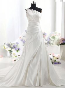 White Satin Zipper One Shoulder Sleeveless With Train Wedding Dress Chapel Train Ruffles