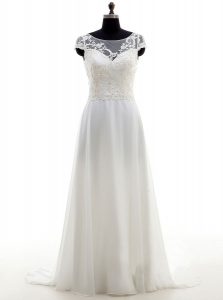 Hot Selling White Backless Scoop Lace and Bowknot Wedding Gowns Chiffon Sleeveless Brush Train