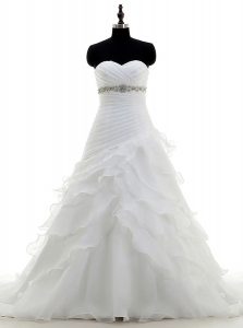 White Wedding Gowns Wedding Party and For with Beading Sweetheart Sleeveless Brush Train Lace Up