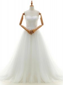 Affordable With Train White Bridal Gown Sweetheart Sleeveless Brush Train Clasp Handle