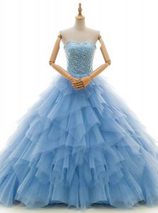 Baby Blue Tulle Lace Up Wedding Dress Sleeveless With Train Court Train Beading and Ruffles