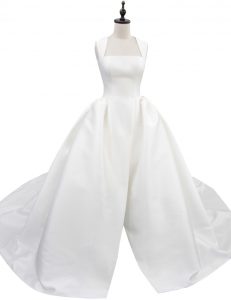 White Square Neckline Ruching Wedding Dress Sleeveless Zipper