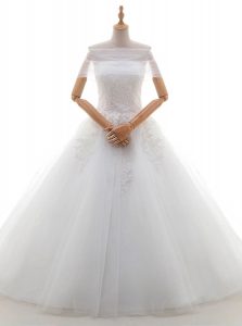 With Train White Wedding Dresses Strapless Cap Sleeves Court Train Lace Up