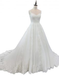 Wonderful With Train Zipper Wedding Gowns White for Wedding Party with Appliques Chapel Train