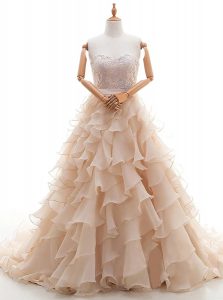 Perfect Peach Ball Gowns Sweetheart Sleeveless Organza With Brush Train Lace Up Lace and Ruffled Layers Wedding Gown