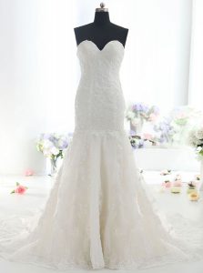 Mermaid White Sleeveless Lace Brush Train Backless Wedding Gown for Wedding Party
