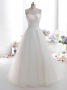 Superior White Tulle Lace Up Wedding Gown Sleeveless Floor Length Ruching