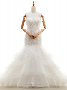 Mermaid Beading and Lace and Ruffled Layers Bridal Gown White Clasp Handle Sleeveless With Brush Train