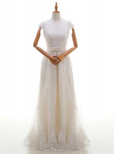 Scoop White Tulle Zipper Wedding Dresses Cap Sleeves With Brush Train Lace and Appliques