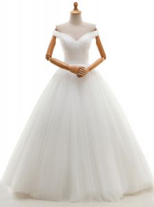 Off the Shoulder Sleeveless Tulle Floor Length Lace Up Wedding Dress in White with Ruching