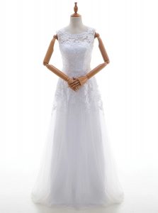 Discount Scoop White Lace Up Wedding Dress Lace and Appliques Sleeveless With Brush Train