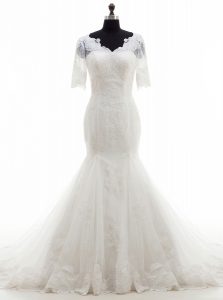 Beautiful Mermaid Half Sleeves Court Train Lace and Appliques Clasp Handle Wedding Gown